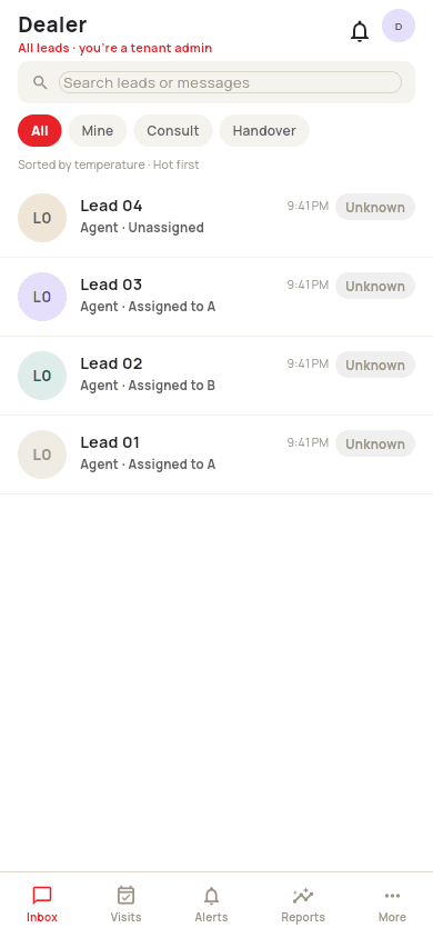 The Choukashi inbox on a phone, listing leads with who they are assigned to (demo data).